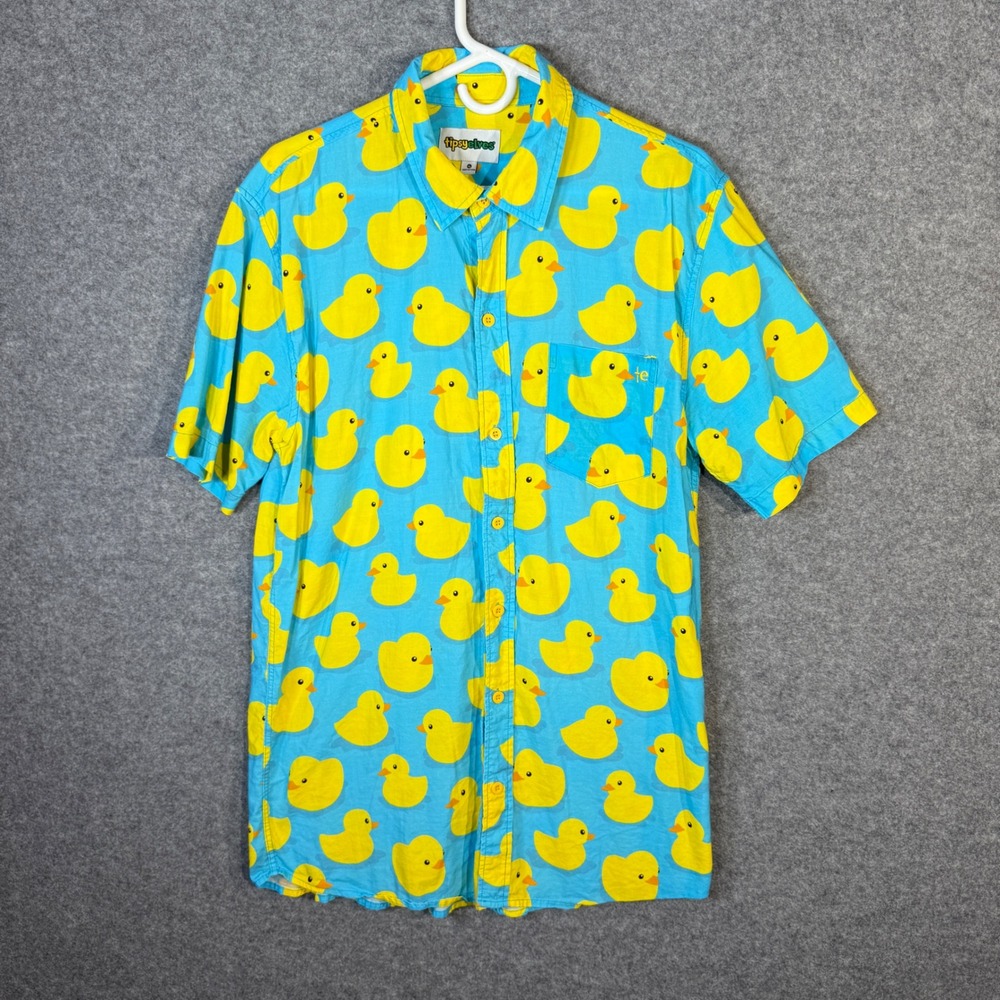 Tipsy Elves Men's XL Button Down Shirt Blue Rubber‎ Duck Print Short Sleeve